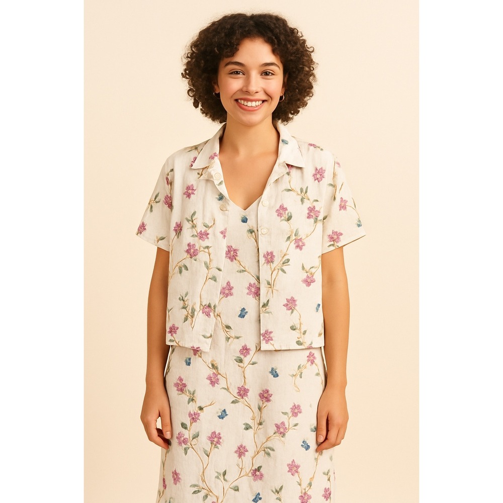 Vintage Floral Maxi Dress Set Botanical Print Open Shirt Cottagecore Large